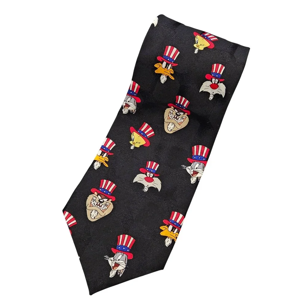 Vintage 1995 Looney Tunes Patriotic Uncle Sam Silk Tie Bugs Bunny Taz 4th July